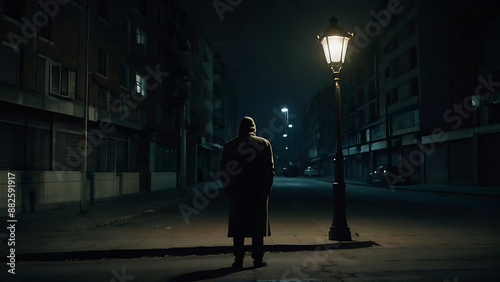 An isolated figure standing in under a tone streelight in an otherwise dark, empty city street, depicting depression, loneliness with copy space photo