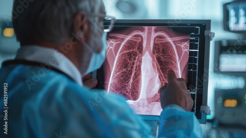 A doctor is looking at a CT scan of a patient's lungs