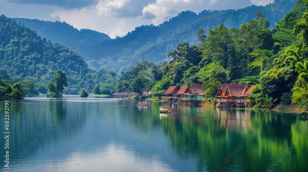 Fototapeta premium A serene view of Ban Rak Thai village nestled beside a tranquil lake, surrounded by lush green mountains