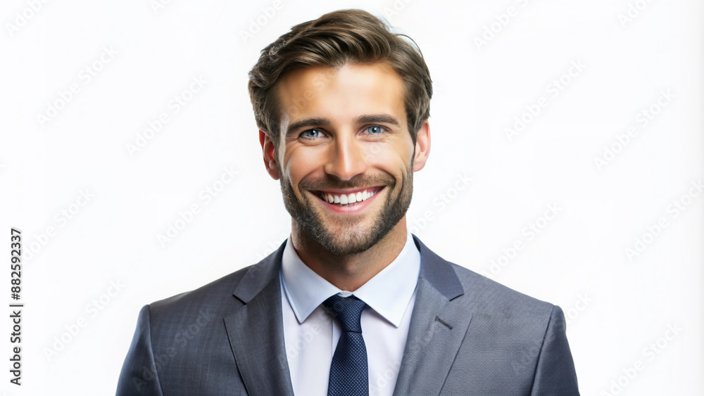 Portrait of handsome caucasian man in formal suit looking at camera smiling with toothy smile isolated in white background. Confident businessman ceo boss freelancer manager Portrait of handsome caucasian man in formal suit looking at camera smiling with toothy smile isolated in white background. Confident businessman ceo boss freelancer manager