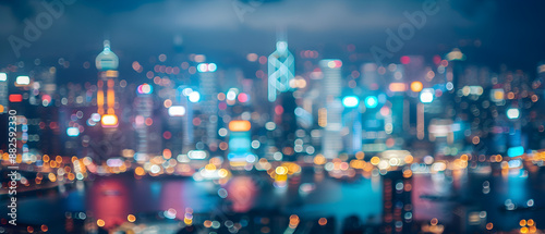 Vibrant city lights blur into a dreamy night skyline with twinkling bokeh details and skyscrapers.