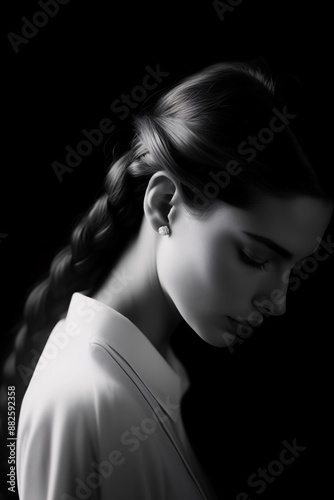 Elegant young woman with braided hair and stud earring - Minimalist black background, serene and graceful profile