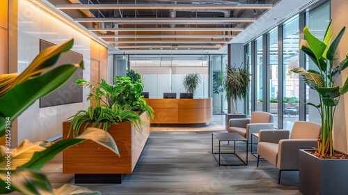 A contemporary office lobby with a reception desk, seating area, and plants