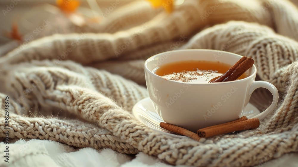Cozy Autumn Tea with Cinnamon on Soft Knitted Blanket in Warm Sunlight Cozy Autumn Tea with Cinnamon on Soft Knitted Blanket in Warm Sunlight