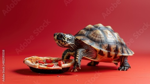 Turtle Enjoying Pizza on Red Background - Quirky and Fun Animal Shot photo