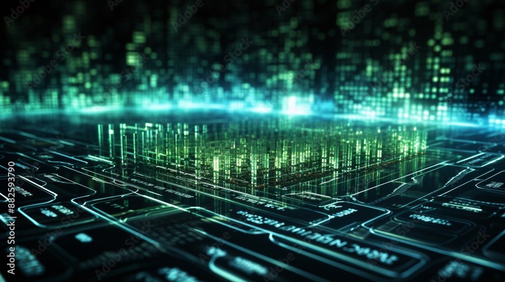 Abstract image of data streams and binary code in a digital network