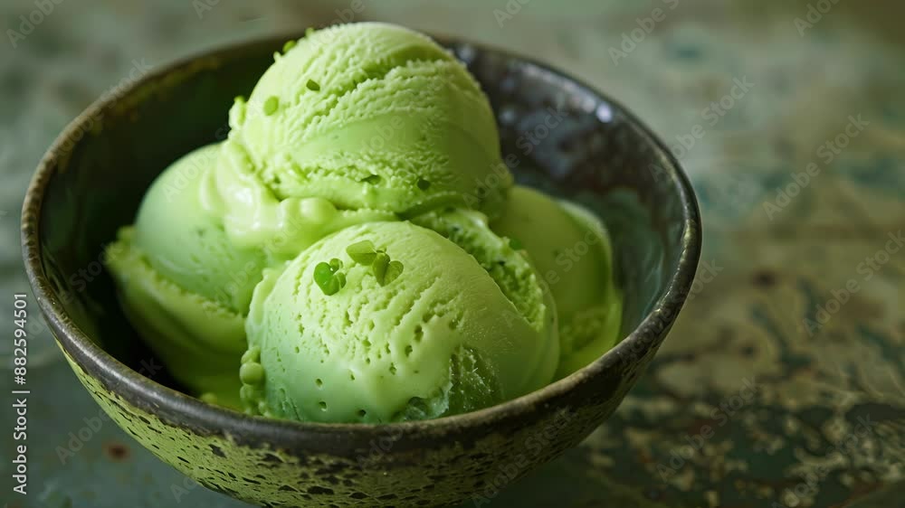 The pale green ice cream has a subtle hint of mint and is dotted with foraged wood sorrel. The pale green ice cream has a subtle hint of mint and is dotted with foraged wood sorrel.