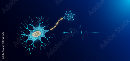 Nerve cell in form style polygon low poly futuristic and pulse wave glowing. Medical science template banner with empty space for text. Vector EPS10 illustration.