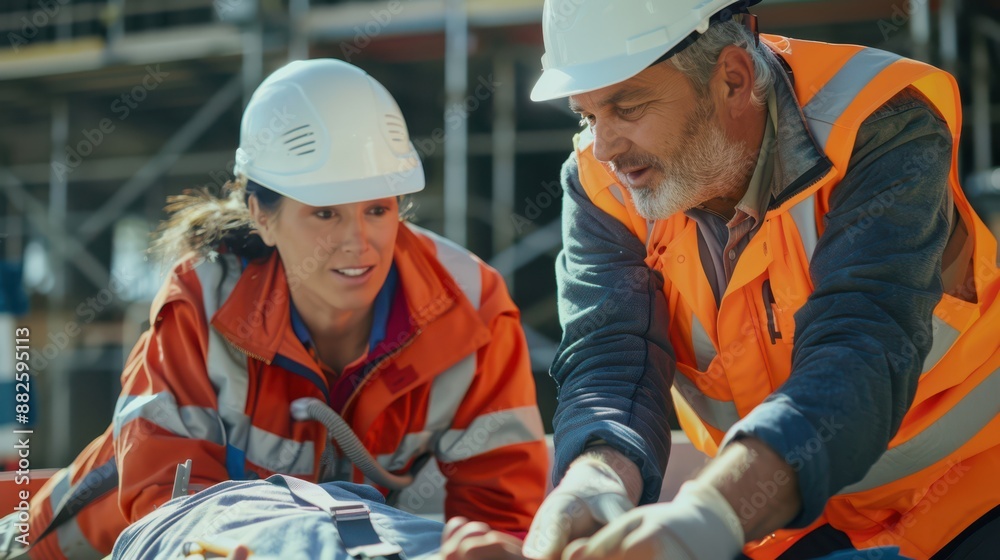 A man and a woman are working together to help a person who is injured A man and a woman are working together to help a person who is injured