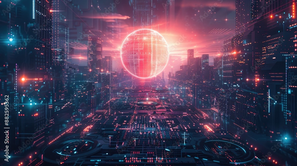 Fototapeta premium Futuristic Cityscape with Digital Neon Lights and Virtual Sphere at Sunset