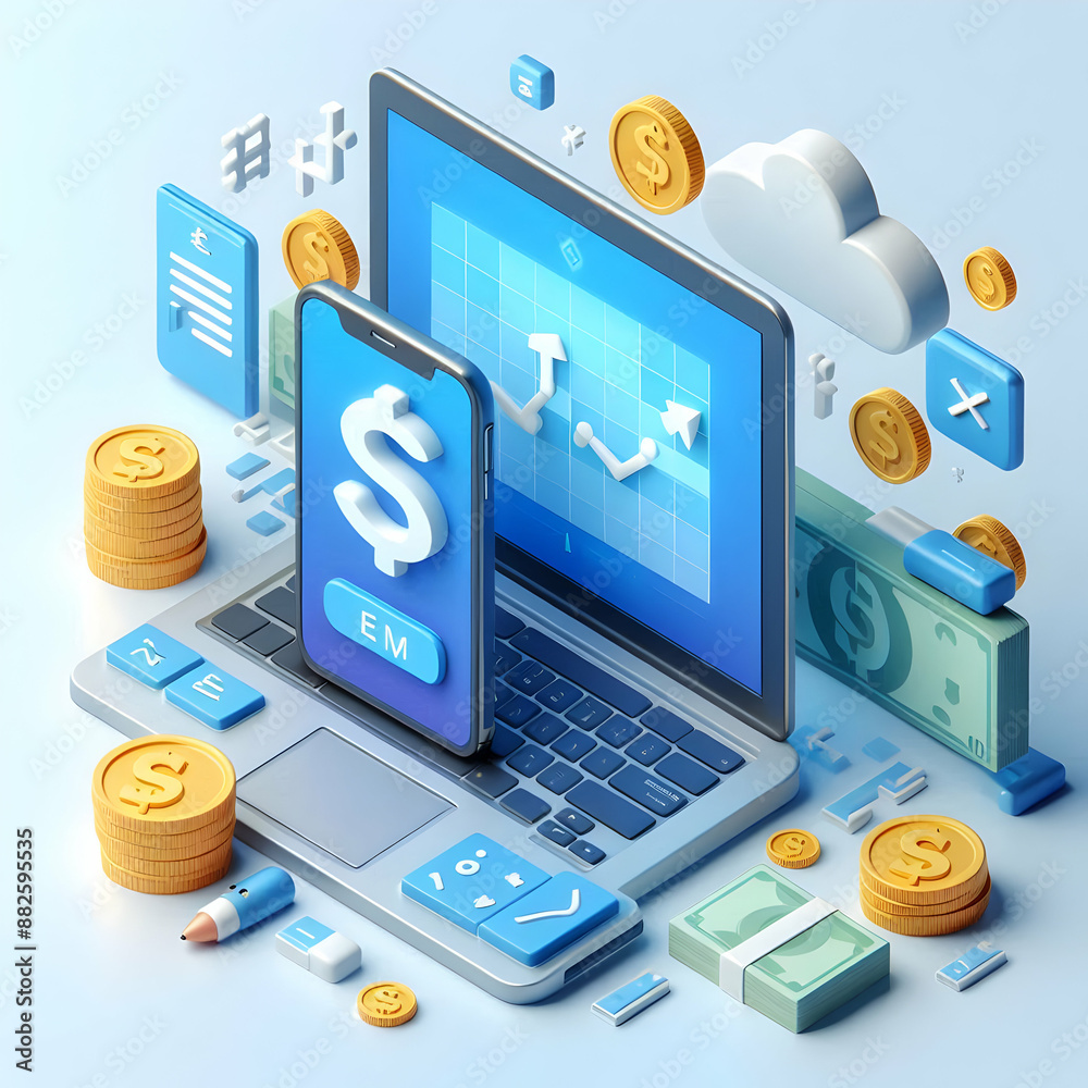 3D Flat Icon of Laptop and Phone with Currency Exchange App Concept on White Background 3D Flat Icon of Laptop and Phone with Currency Exchange App Concept on White Background