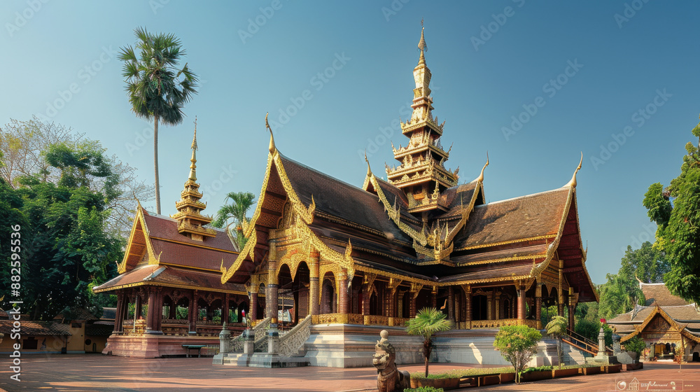 A traditional Thai temple with its distinctive golden spires and ornate roof, set against a clear blue sky A traditional Thai temple with its distinctive golden spires and ornate roof, set against a clear blue sky