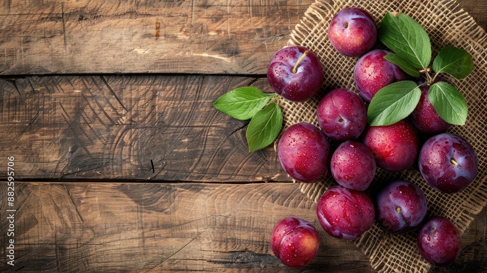 Fresh Plums on Rustic Wooden Table with Burlap Detail, Perfect for Food Photography and Autumn Themes Fresh Plums on Rustic Wooden Table with Burlap Detail, Perfect for Food Photography and Autumn Themes