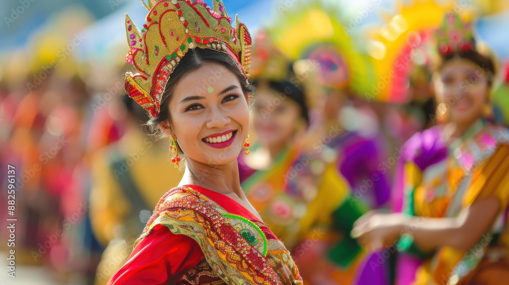 A vibrant festival scene with traditional dances, music, and colorful costumes in Naypyidaw A vibrant festival scene with traditional dances, music, and colorful costumes in Naypyidaw