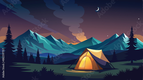 a tent with a burning light inside stands in a clearing under a starry sky. Beautiful starry night sky and the Milky Way. Concept for outdoor tourism in mountain.