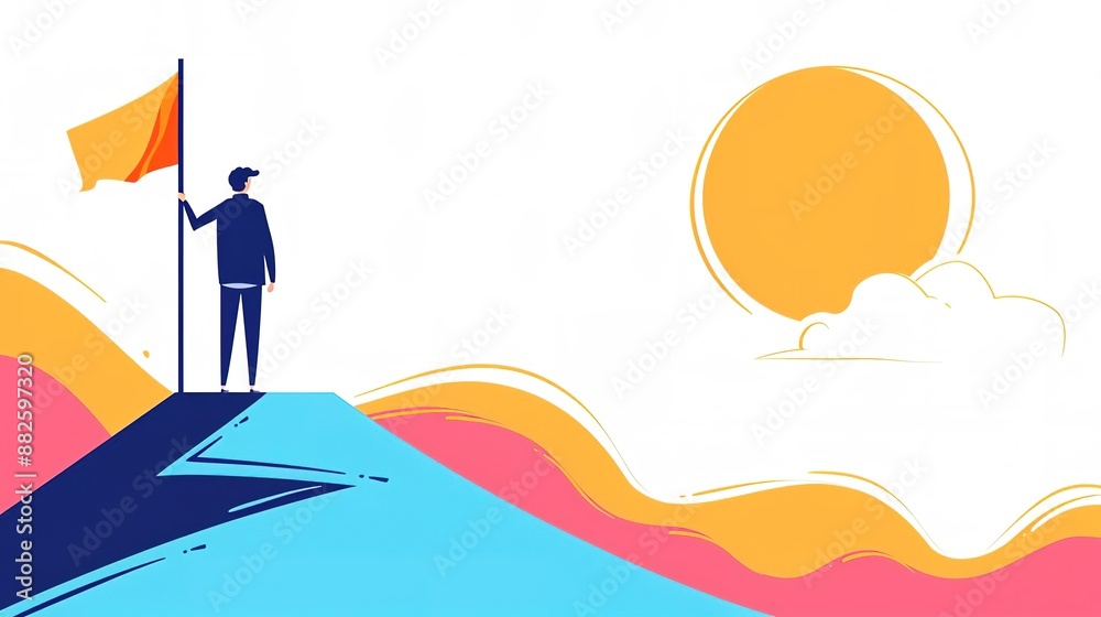 Silhouette of a businessman standing on top of a mountain with a flag, symbolizing success and achievement. Silhouette of a businessman standing on top of a mountain with a flag, symbolizing success and achievement.