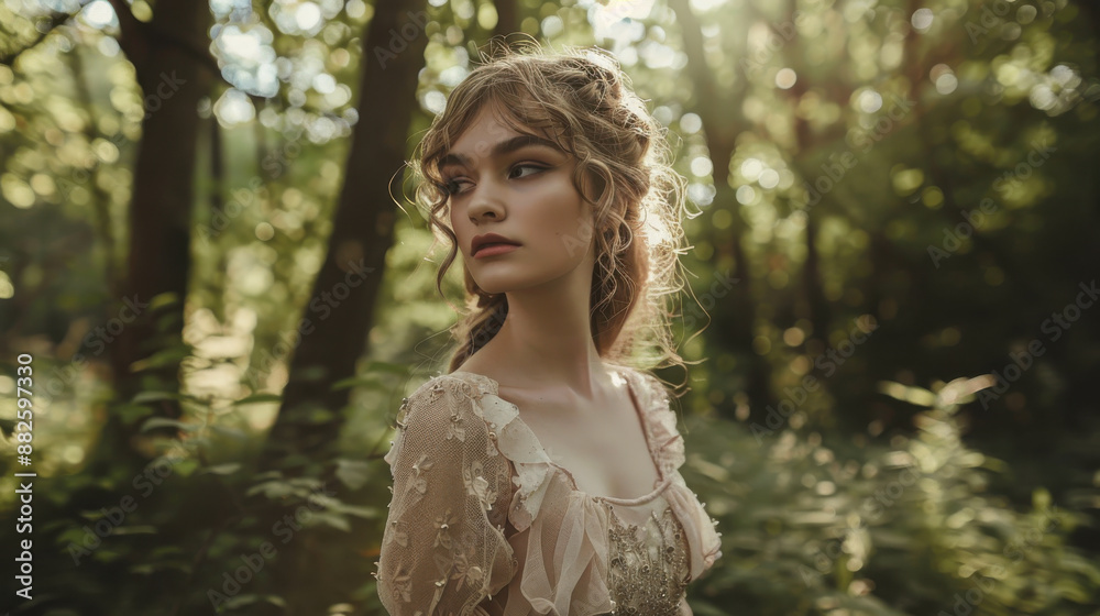 A whimsical photo shoot in a forest, featuring a model in fairy-tale inspired fashion and natural lighting.