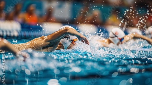 Summer sports camp with sportive kids and people swimming in marked lanes at swimming olympics training for paralympics 2024 and olympics london.
