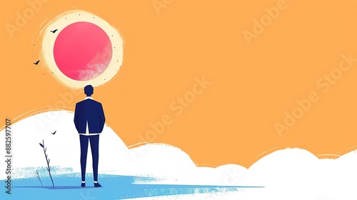 Silhouette of a man looking up at a large red sun in the sky, symbolizing hope and ambition. © ColorfulFlowerStudio