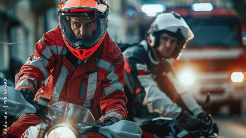 Two men on motorcycles wearing helmets and red jackets Two men on motorcycles wearing helmets and red jackets