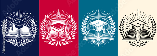 Online Education Line Icon with Editable Stroke and Pixel Perfect. Education logo with toga hat, shield, hand and leaf decoration suitable for campus, university, school and graduation Education Logo 