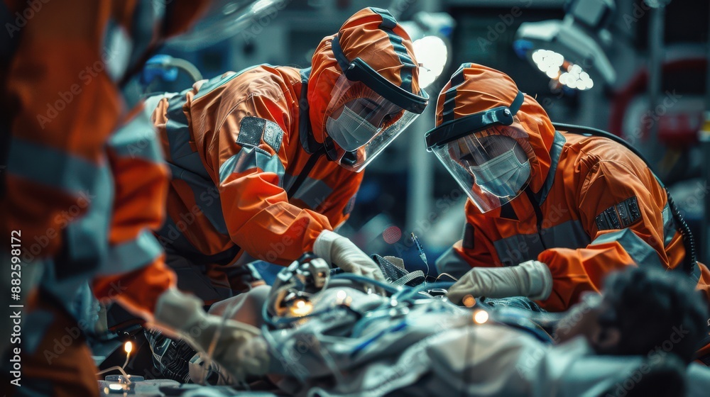 A group of medical professionals in orange jumpsuits are working on a patient A group of medical professionals in orange jumpsuits are working on a patient