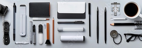 Flat Lay Photography of Office Supplies on Gray Background - Illustration