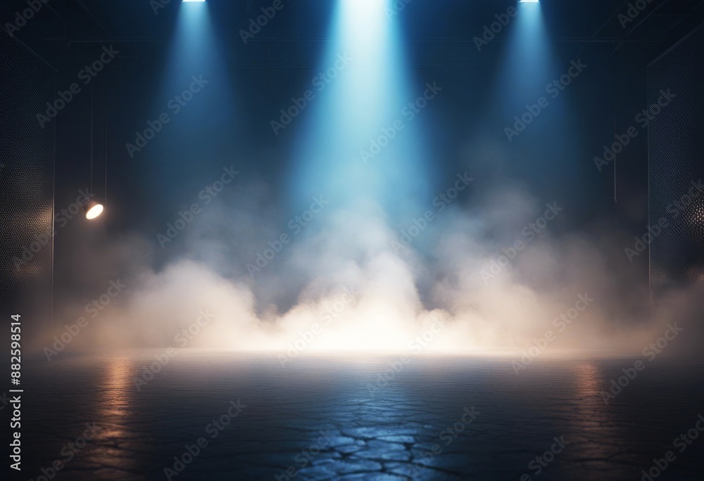 Obraz premium smoke empty 3d theatre stage blue light rendering background spotlight show black scene and