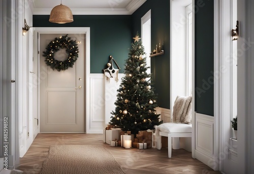 interior 3d room christmas hallway render wall bench home entranceway farmhouse scandinavian decoration mockup photo