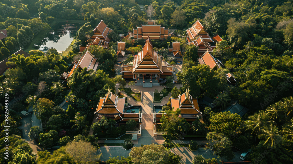 Aerial view of Wat Ban Den, highlighting the symmetrical layout and the lush greenery surrounding the temple Aerial view of Wat Ban Den, highlighting the symmetrical layout and the lush greenery surrounding the temple