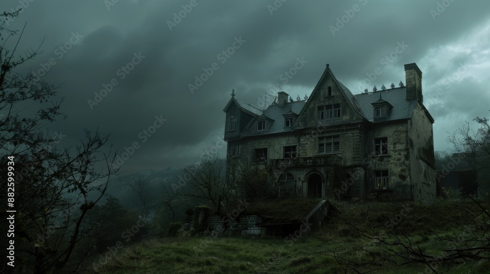 Eerie Abandoned Mansion: Haunted Dwelling on Hill with Broken Windows and Neglected Garden under Overcast Sky Eerie Abandoned Mansion: Haunted Dwelling on Hill with Broken Windows and Neglected Garden under Overcast Sky
