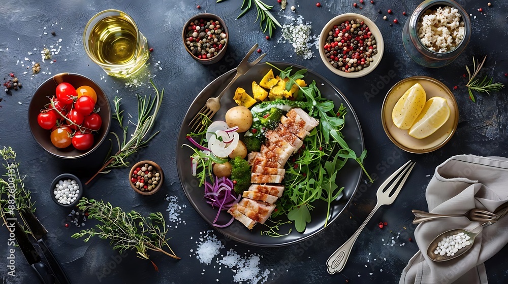 Grilled Chicken with Salad, Potatoes, and Broccoli on a Black Plate - Food Photography Grilled Chicken with Salad, Potatoes, and Broccoli on a Black Plate - Food Photography