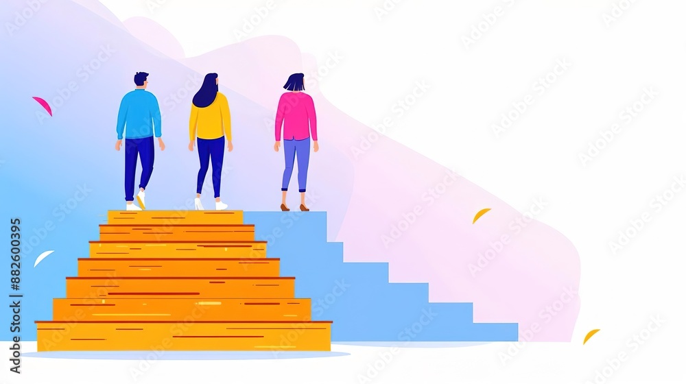 Three people walking up a staircase towards an unknown destination. Three people walking up a staircase towards an unknown destination.
