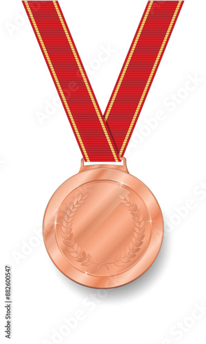 Bronze medal Realistic shiny with red ribbon. third place Bronze trophy award with laurel wreath. glossy silver coin Prize in sport for 3rd place in competition vector illustration isolated on white 