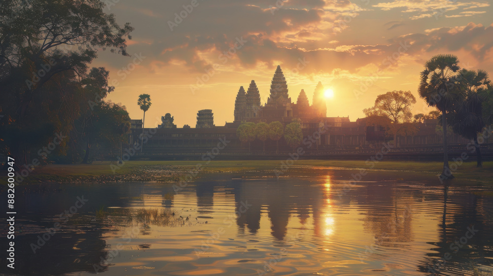 Obraz premium Angkor Wat bathed in the soft light of the setting sun, creating a serene and mystical atmosphere.