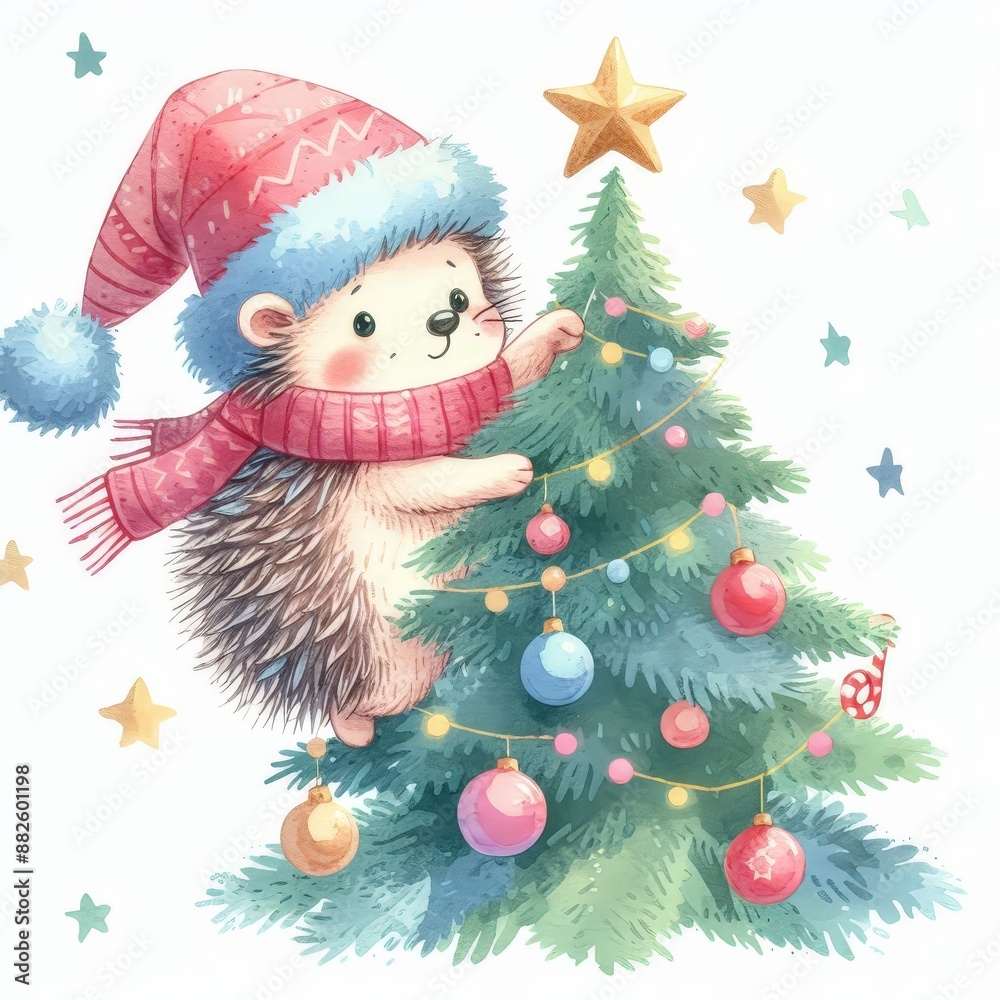 Obraz premium A cute hedgehog in a red hat and scarf decorates a Christmas tree with colorful ornaments.