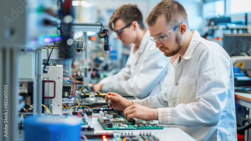 Electrical engineers working on circuit boards and testing equipment in a clean, well-organized lab photo