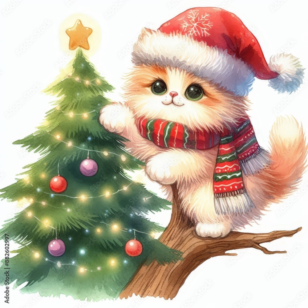 Naklejka premium A cute kitten wearing a Santa hat and scarf climbs a Christmas tree decorated with ornaments.