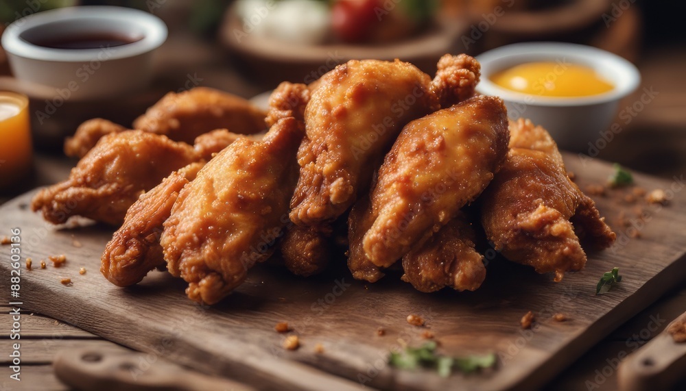 Fried chicken wings on wooden table. Fried chicken wings on wooden table.
