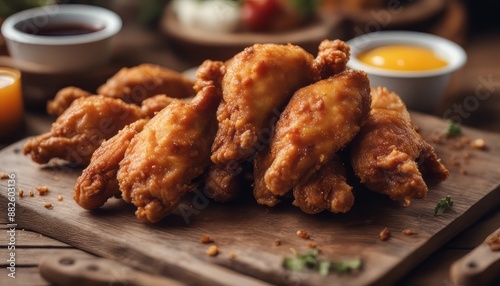 Fried chicken wings on wooden table.