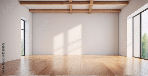 Minimalist Chic: Clean White Wall and Wooden Floor Space

