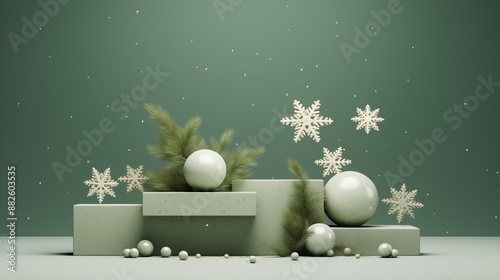 3D scene green podium with snow and christmas theme in green background