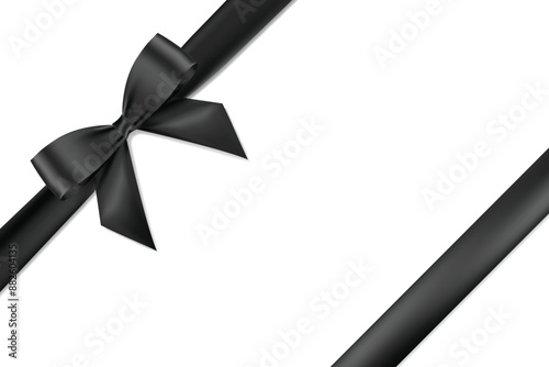 Black bow and ribbon realistic shiny satin place on corner of paper vector for decorate your Invitation card, brochure ,greeting card , book cover , or website isolated on white background.