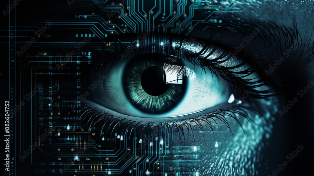 Digital eye design with blue and green patterns creating a futuristic look Digital eye design with blue and green patterns creating a futuristic look