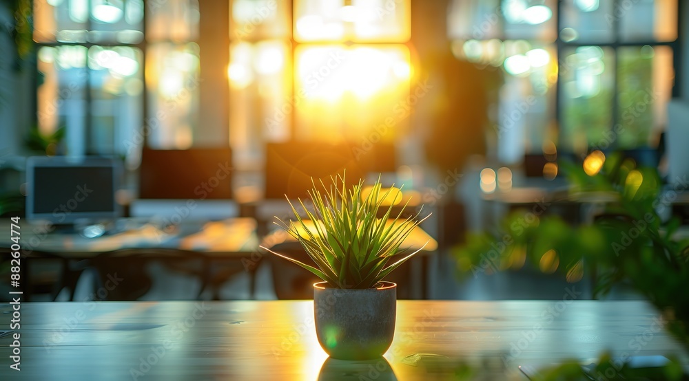 Blurry Background of a Modern Open Office Space Featuring Desks, Chairs, Computers, and Glass Walls with Sunlight Streaming Through Windows. The Scene Includes Potted Plants on Tables. Blurry Background of a Modern Open Office Space Featuring Desks, Chairs, Computers, and Glass Walls with Sunlight Streaming Through Windows. The Scene Includes Potted Plants on Tables.