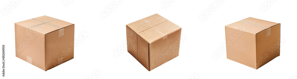 Set of empty closed cardboard boxes isolated on transparent background