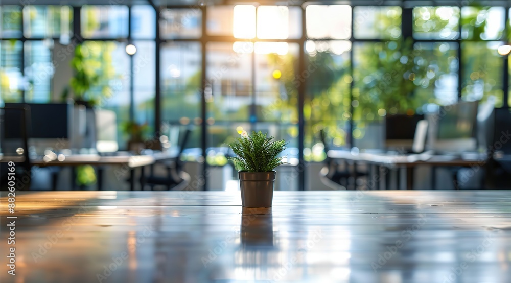 Blurry Background of a Modern Open Office Space Featuring Desks, Chairs, Computers, and Glass Walls with Sunlight Streaming Through Windows. The Scene Includes Potted Plants on Tables. Blurry Background of a Modern Open Office Space Featuring Desks, Chairs, Computers, and Glass Walls with Sunlight Streaming Through Windows. The Scene Includes Potted Plants on Tables.