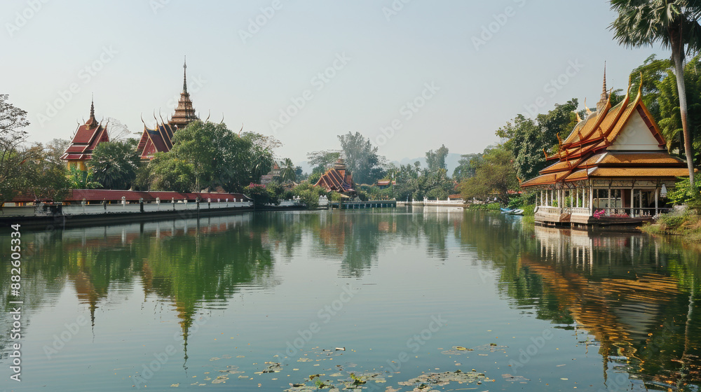Obraz premium The beautiful Wat Chong Kham and Wat Chong Klang temples reflecting on the surface of the tranquil Chong Kham Lake