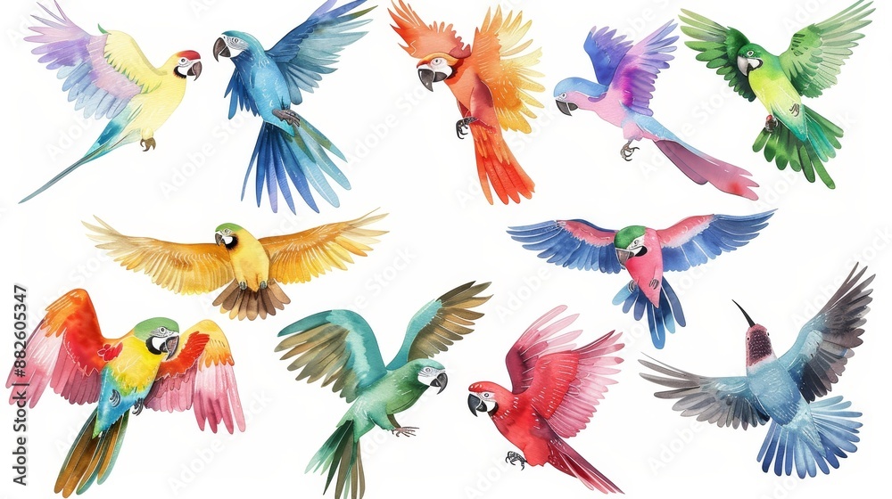 Fototapeta premium Vibrant Watercolor Bird Illustrations - Eagles, Parrots, Hummingbirds in Various Poses with Detailed Plumage