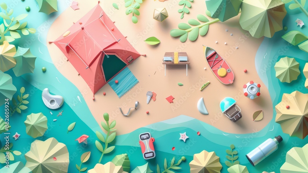 Tranquil Camping Retreat in Flat Design - Top View of Outdoor Adventure in Watercolor Colored Pastel Tones Tranquil Camping Retreat in Flat Design - Top View of Outdoor Adventure in Watercolor Colored Pastel Tones